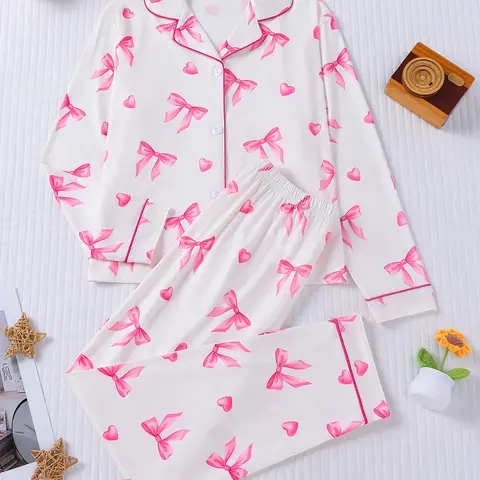 2-piece set for boys and girls, Halloween pink, dyed love bow, long sleeved pants, soft and comfortable button closure, elastic waistband, suitable for all seasons home, casual sleepwear, regular wear, Collared Pajama Set, Pajama Clothes