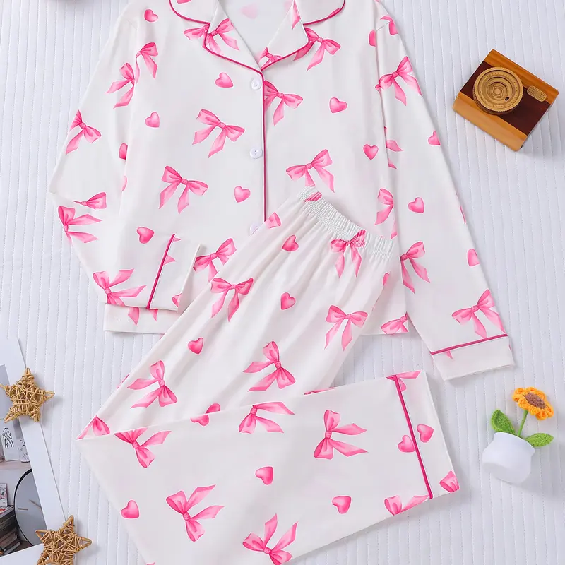 2-piece set for boys and girls, Halloween pink, dyed love bow, long sleeved pants, soft and comfortable button closure, elastic waistband, suitable for all seasons home, casual sleepwear, regular wear, Collared Pajama Set, Pajama Clothes