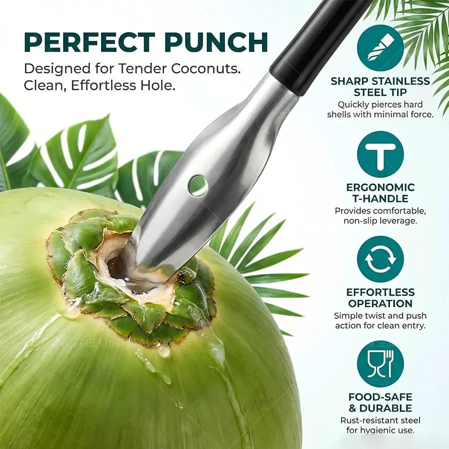 1/5 piece stainless steel coconut cutting tool and straw set, multifunctional coconut opening tool set, including metal straw and cleaning brush, effortless and easy to pierce green coconut, suitable for daily household use and outdoor camping
