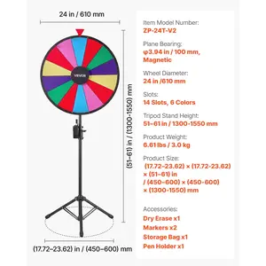 VEVOR 24 in Spinning Prize Wheel, 14 Slots Spinning Wheel with Tripod, Adjustable Height Win Fortune Roulette with a Dry Erase and 2 Markers, 6 Colors, Easy Assembly, for Party Pub Trade Show Carnival