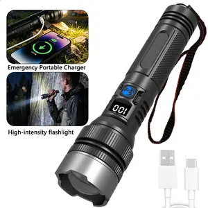 2-in-1 Strong Flashlight Torch (Power Bank) - Compact, Adventure, Emergency, Nighttime, Rechargeable, Zoomable, Adjustable Brightness, Digital Power Display for Camping, Hiking, Adventure Torches, Compact Flashlight Torches