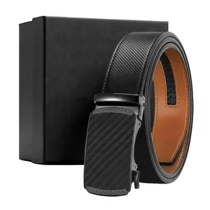 YICF Men's Cowhide Leather Black Belt - Automatic Ratchet Buckle with Easy Release, Adjustable Cuttable for 28-48 in, Gift-Boxed Casual Automatic Men's Belt for Dads, Automatic Men's Belts