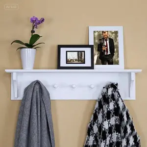 Floating Wall Shelf with Hooks, 5-Peg Coat Rack for Entryway, White, Space-Saving Organizer, Sturdy and Durable, 24-Inch Storage Solution Mount Decor