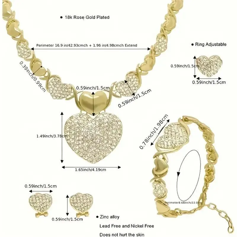 4 Piece Set Women's Luxury Elegant XO Design Heart Shape Pattern Jewelry Set, Sparkling Synthetic Cubic Zirconia Inlaid Accents, Necklace + Bracelet + Earrings + Ring Ideal Mother's Day Gift, Wedding Party Jewelry, Formal Occasion Jewelry, Fashionable Jew 4 Piece Set Women's Luxury Elegant XO Design Heart Shape Pattern Jewelry Set, Sparkling Synthetic Cubic Zirconia Inlaid Accents, Necklace + Bracelet + Earrings + Ring Ideal Mother's Day Gift, Wedding Party Jewelry, Formal Occasion Jewelry, Fashionable Jew
