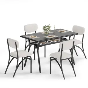 Dining Table Set for 4 with Modern Rectangular Design, Boucle Chairs, and Storage Rack; Available in Beige & Black, Grey & Marble, Beige & Marble, Ideal for Small Spaces Furniture Rectangle