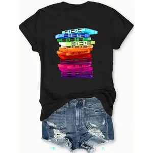 Womens Cotton Short Sleeve Graphic Tee Vintage Retro Colorful Cassette Tape Stack Shirt Soft Breathable Casual Summer Streetwear Music Lover Outfit