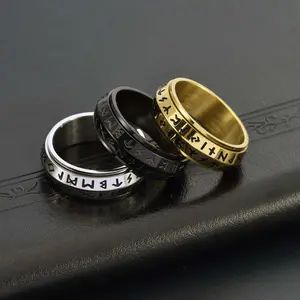 Stainless Steel Rotatable Viking Runes Ring – Nordic Slanted Edge Spinner Band for Men & Women, Personalized Everyday Couple Jewelry Gift