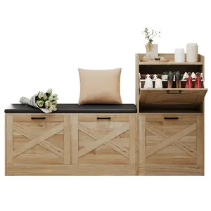 Shoe Cabinet with Bench, Farmhouse Shoe Organizer Cabinet with 4 Flip Drawers & Top Open Shelf, Wooden Storage Bench for Entryway