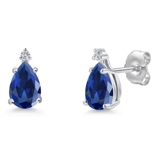 14K White Gold Blue Created Sapphire and Lab Grown Diamond Teardrop Stud Earrings for Women | 2.02 Cttw | Gemstone September Birthstone | Pear Shape 7X5MM