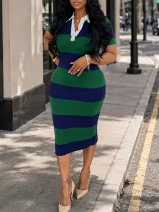 Women's Long Striped Skirt, Polo Neck Design, Sporty Style, Comfortable and Fashionable, Perfect for Daily Wear, Trendy Choice