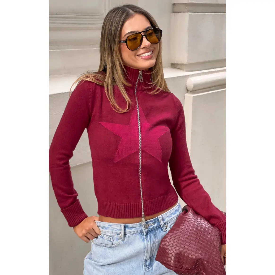 Groove Burgundy Star Zip Up Knit Sweater