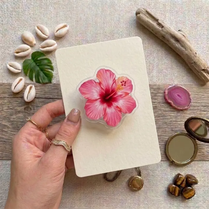 Magnetic Phone Grip with Hibiscus and Lily Flowers Botanical Floral Phone Holder Cute Flower Lover Gift for MagSafe and Kindle