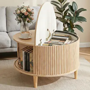 Coffee Table with Storage, Round Coffee Table with Sliding Cabinet Door, 31.69 Inch Mid Century Modern 2-Tier Center Table for Living Room, Rustic Wood Desktop, Easy Assembly