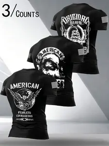 American Eagle Snake Print Short Sleeve T-Shirt, Elastic Breathable Casual Top, Men's Street Style Patriotic Tee, Loose-Fitting