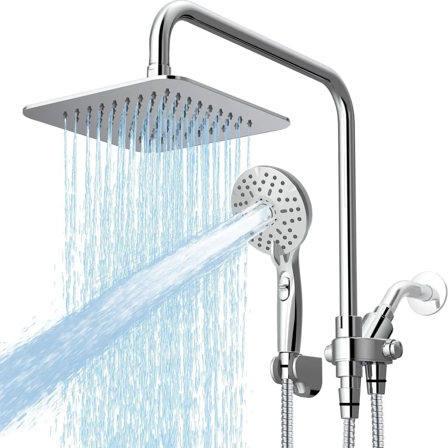 8" Dual Shower  Combo, High  Rainfall Shower  with Handheld, 6  Settings Angle Adjustable Handheld Shower  with Pause, Height Adjustable, Chrome