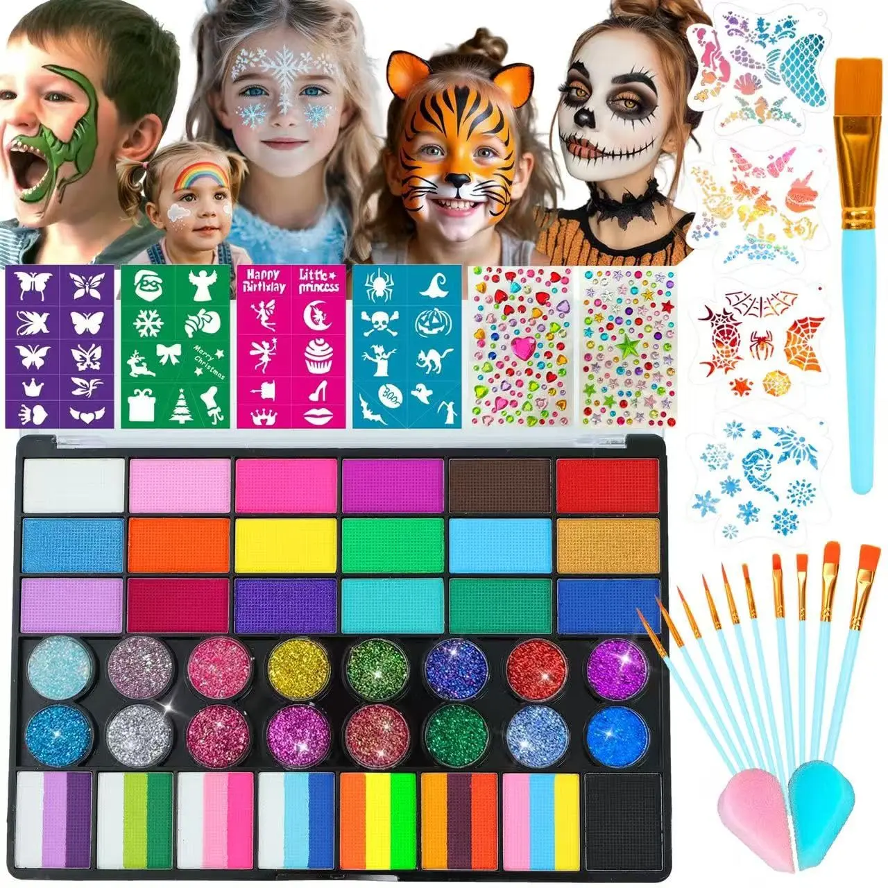 42-Color Non-Toxic Water-Activated Professional Kids' Face Painting Makeup Kit with Brush, Stencil, Sponge, Gem for Party, Halloween