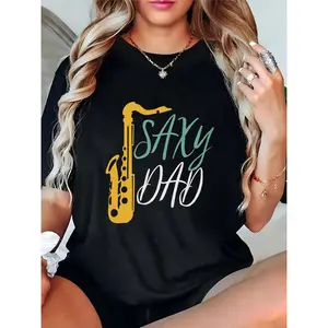 Women's Saxy Dad Saxophone Graphic T-Shirt, Father's Day Gift for Music-Loving Dads, Casual Daily Short Sleeve Tee 100% Cotton T-shirt