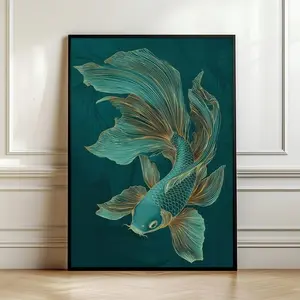 Striking Emerald Green Koi Fish Wall Art Print – Gold Line Art Japanese Koi Poster, Luxury Asian Decor, Zen Minimalist Artwork