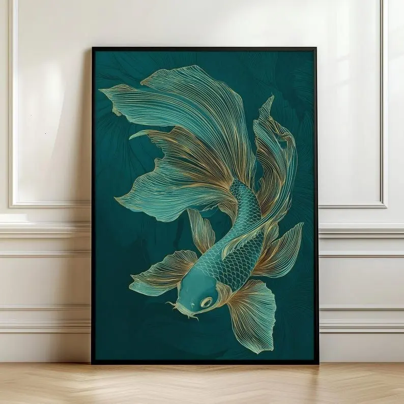 Emerald Green Koi Fish Paper Wall Art Print - Gold Line Art Japanese Unframed Poster, Luxury Asian Zen Minimalist Decor, Artistic Mountable Wall Decor for Kid Room (24x36, 27x40, Wardrobe Compatible)