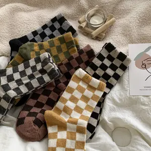 6 Pairs Women'S Gingham Pattern Mid-Calf Socks, 95% Polyester 5% Spandex Blend, Thick Vintage Checkered Autumn Winter Fashion, Casual College Style, Hand Wash/Dry Clean