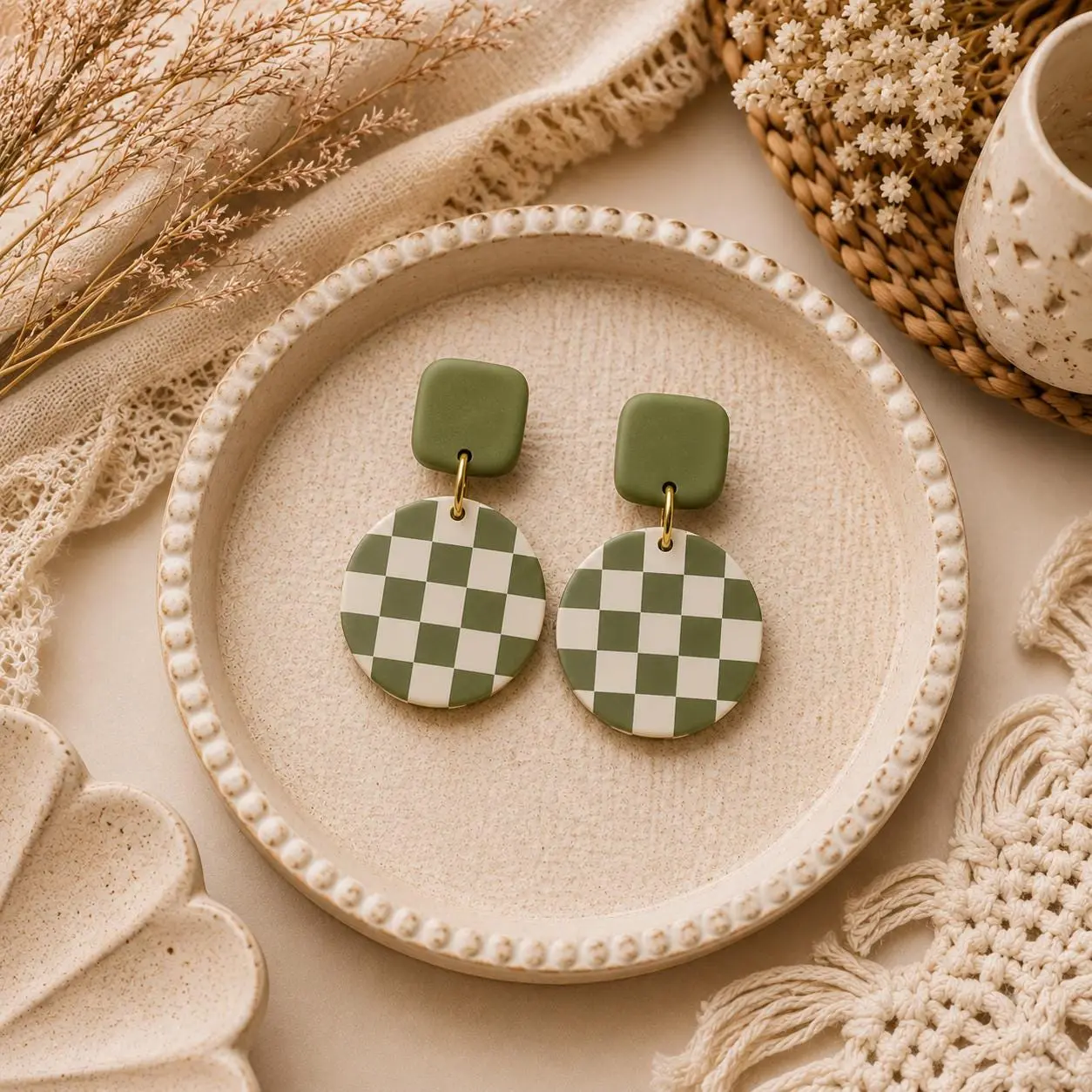 Sage Green Checkerboard Polymer Clay Dangle Earrings | Retro Boho Lightweight Jewelry