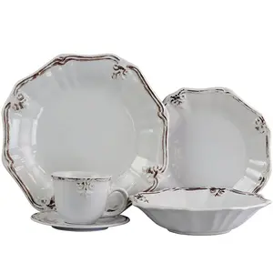 212 MAIN Fleur De Lys 20-Piece Distressed White Glazed Stoneware Tableware Set, Includes Plates, Oven-Safe Dinnerware for Dining