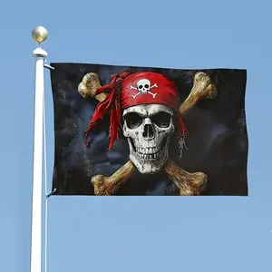 Vintage pirate flag with skull and cross design |   100% polyester, black background with gold skull pattern, paired with a red bandana, nautical theme, durable outdoor fabric |   Suitable for balcony, patio, garden decoration, holiday decoration, outdoor
