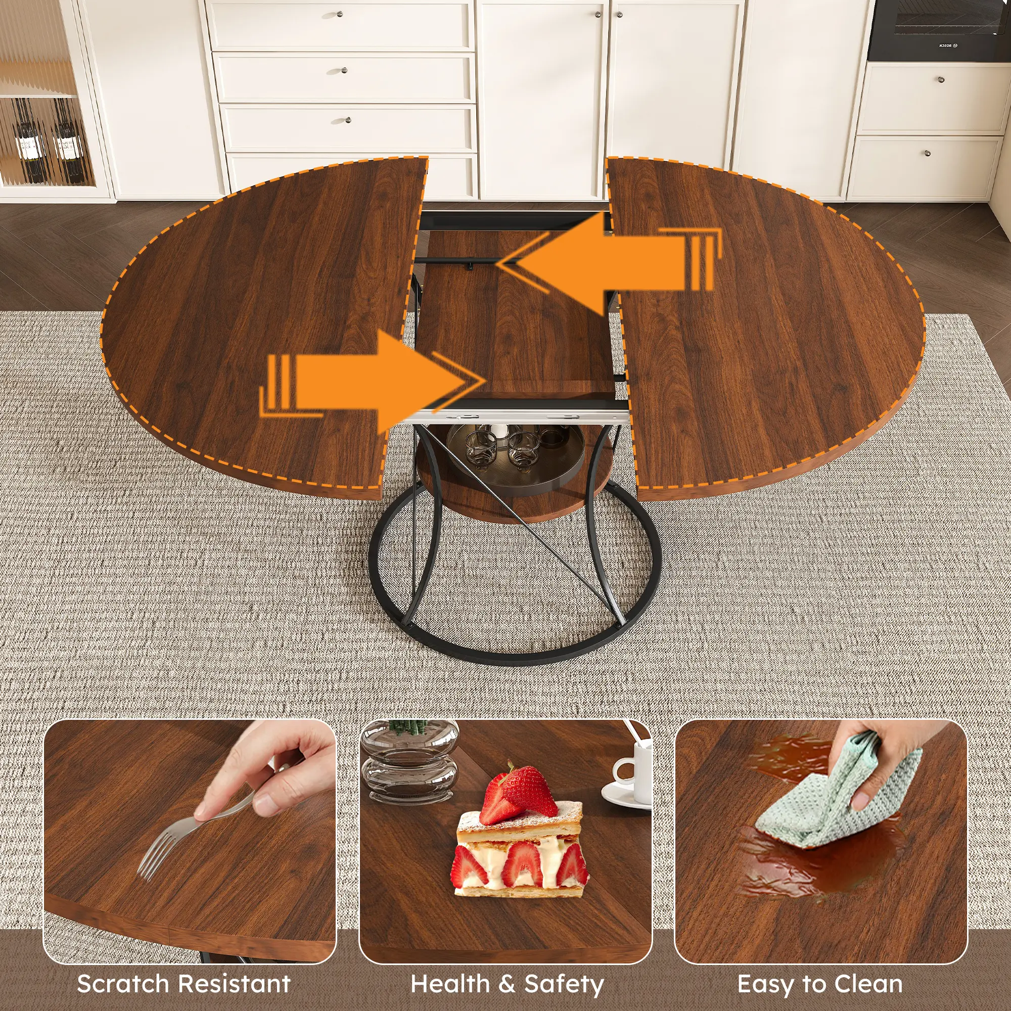 43" to 59" Extendable Round Dining Table for 4-6, Farmhouse Kitchen Table with Storage Shelf & Metal Base, Space-Saving, Easy Expand