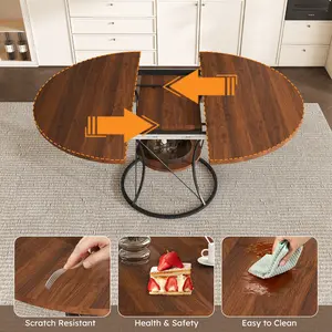 43" to 59" Extendable Round Dining Table for 4-6, Farmhouse Kitchen Table with Storage Shelf & Metal Base, Space-Saving, Easy Expand