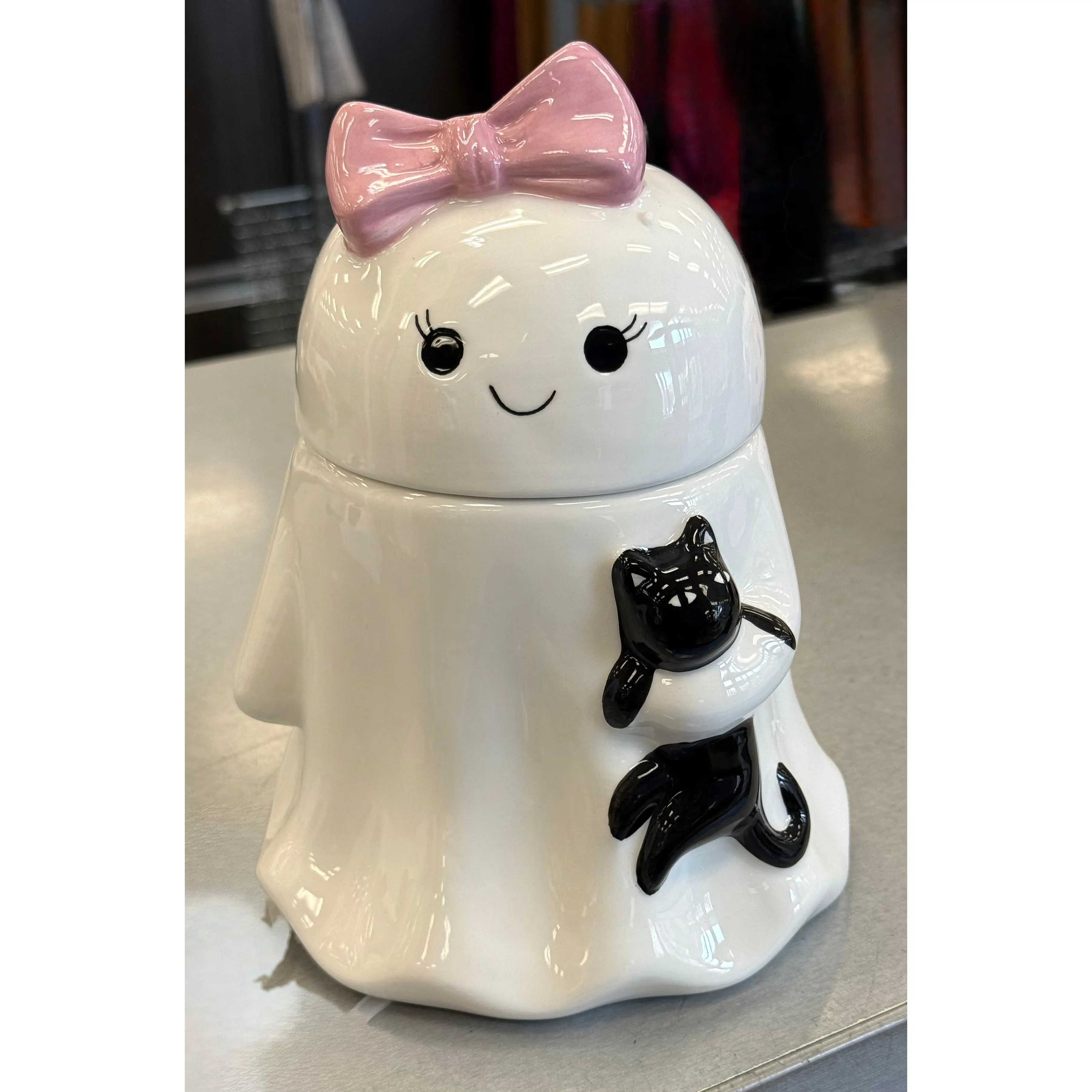 New ceramic 8” pink bow ghost holding cat cookie jar