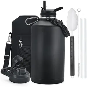 1 Gallon Water Bottle Insulated, Vacuum Stainless Steel Water Bottle Keep Cold 48Hrs, 128 oz Large Gallon Water Jug for Travel, Sport, Gym, Hiking with Carrier Bag, Black