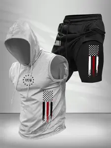 Men's Summer Casual Set, Patriotic Flag Print Design, Includes Hooded Tank Top, Short Sleeve T-Shirt, Sporty Basketball Shorts