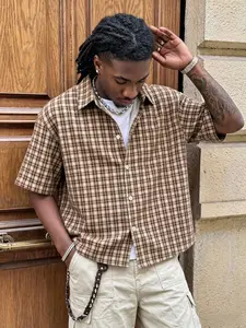 Brown Yellow Plaid Short Sleeve Shirt Men, Y2K Casual Streetwear Vintage Plaid Oversized Button Up, Summer Loose Fit Checkered Casual Shirt, For Daily Wear, Street Style, Office, Men's Retro Streetwear #springsaledeals2026 #summeroutfits #tiktokshopmademe