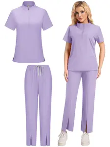 Women's Medical Scrub Set, Uniforms, Multi-Pocket Elastic Breathable Quick-Dry, Loose-Fit Long Pants, Suitable for Hospital Clinic Home