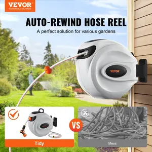 VEVOR Retractable Hose Reel, Max 130'x1/2" Garden Water Hose Reel with 9-Pattern Nozzle, 180° Swivel Bracket Wall-Mounted, Automatic Rewind, Lock at Any Length, with Slow Return System