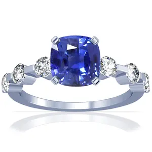 GIA Untreated Blue Sapphire Cushion and Diamond Ring - (14k White Gold)- R65546REBS