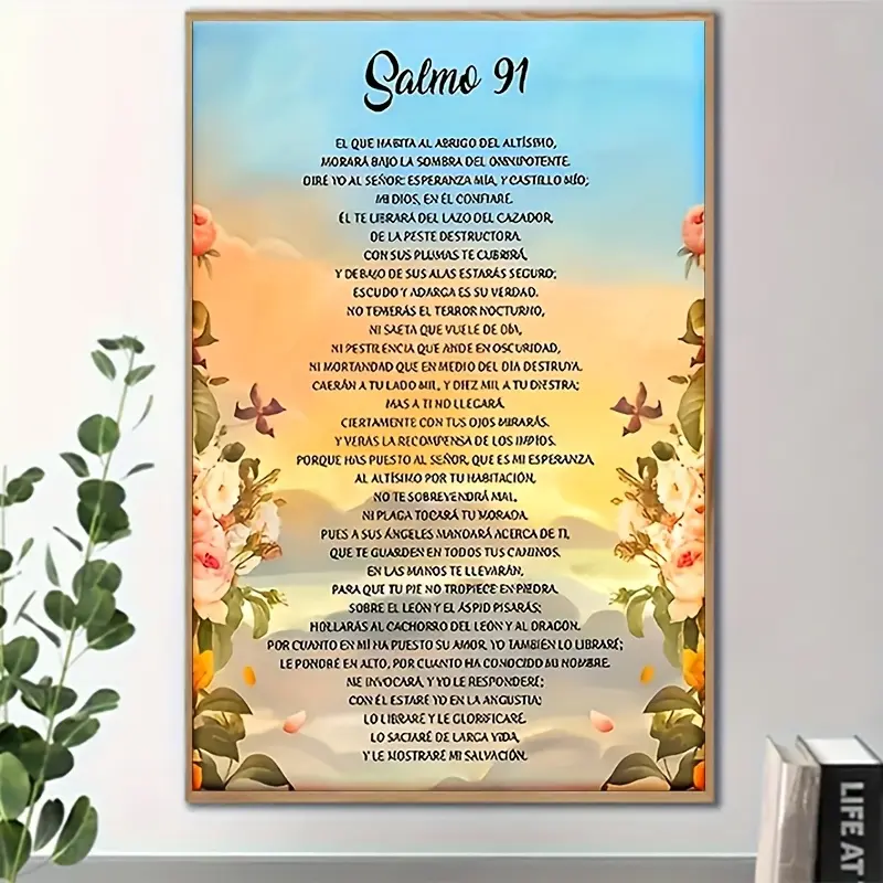 1pc Frameless Vertical Canvas Wall Art Print - Vintage Modern Artistic 2D Flat Serene Floral Sky Design, English & Spanish Psalm 91, Decorative Indoor Home Decor for Bedrooms, Living Rooms Flowers Poster, Wardrobe, Nursery Decor, Kid Room