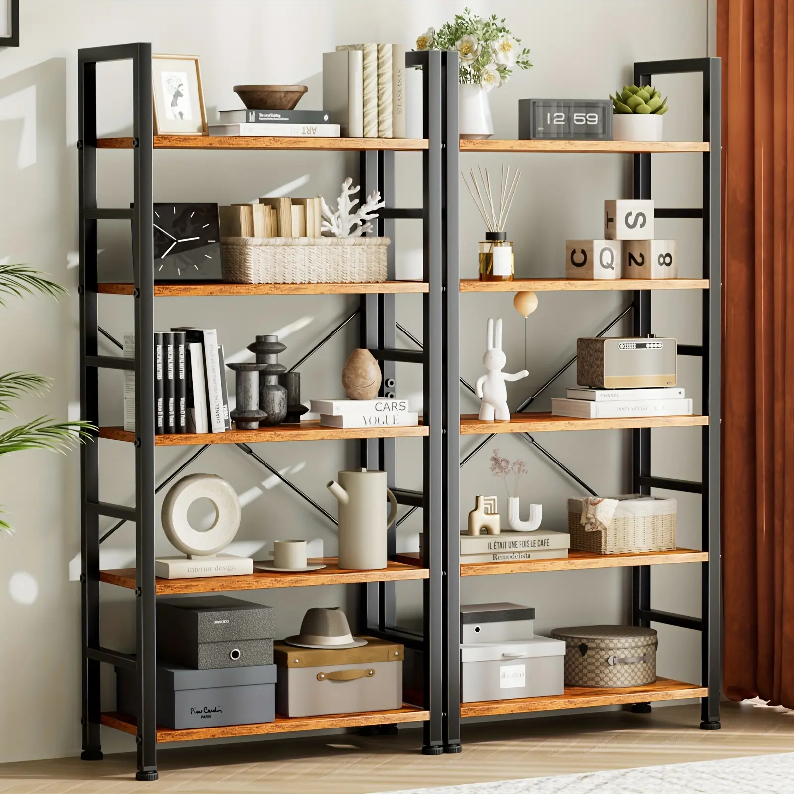 Vintage Metal Bookshelf - 5-Tier Open Shelves Storage Rack - Durable Organizer for Books, Enhances Rustic Charm in Living Room/Home Decor