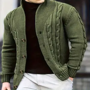 Men'S Olive Green Cable Knit Cardigan with Button Front - Casual Long Sleeve Sweater for Fall/Winter, Regular Fit Stand Collar, Solid Color, Autumn Winter Apparel | Collar Construction, Vest