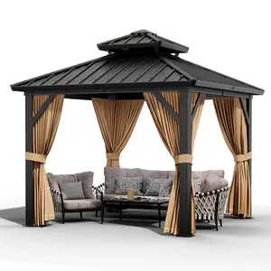GARVEE 10x10ft Hardtop Gazebo, Outdoor Heavy Duty Galvanized Aluminum Framed Double Roof Pavilion with Netting and Curtains, Waterproof Metal Roof Gazebo for Backyard, Patio, Deck and Poolside, Brown