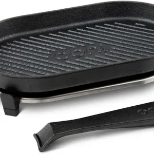 Ooni Cast Iron Grizzler Pan - Grill Frying Pan, 12" x 6" Griddle Plate with Removable Handle and Stainless Steel Trivet, Pre-Seasoned Non-Stick Oven Safe Cookware, Pizza Oven and BBQ Accessories