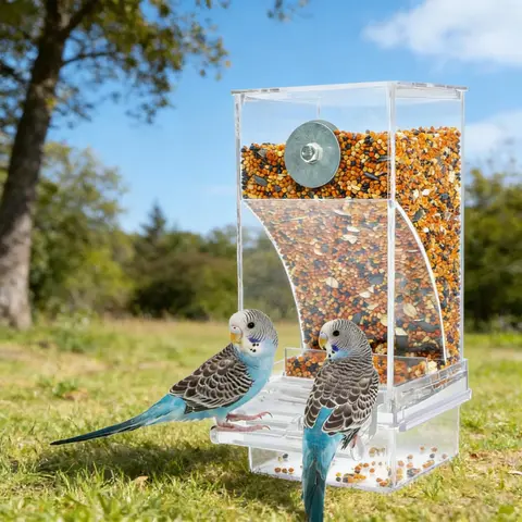 Automatic Bird Feeder & Cute Chicken Mic Toy - 7.28"h × 2.95"w × 3.34"l Transparent Square Cage Bird Food Container, Pull-Out Clean, Easy Install for Small-Medium Pets, Voice Prank Changer, Daily Use Halloween Gift
