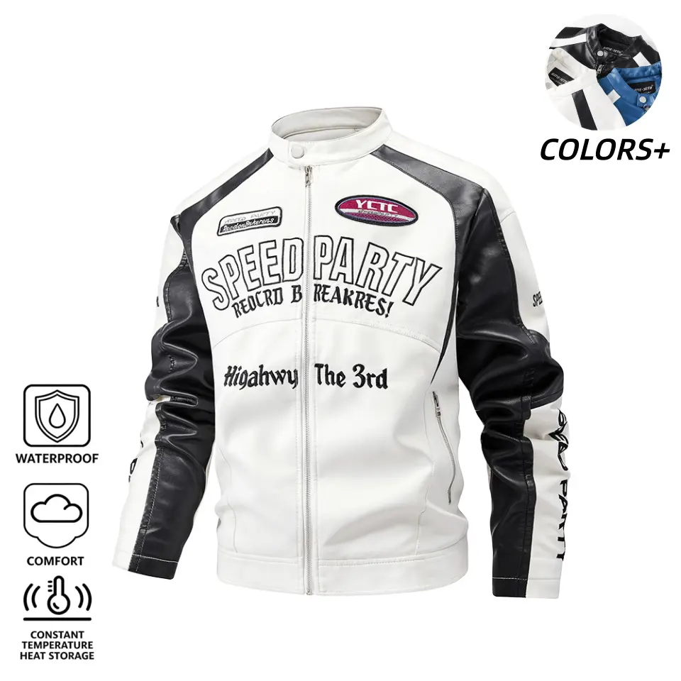 Men’s retro motorcycle color-block leather jacket and racing-style outerwear featuring color-block panels and a stand collar with button closure.Letter embroidered patches are a top choice for hardcore streetwear and motorcycle riding outfits.