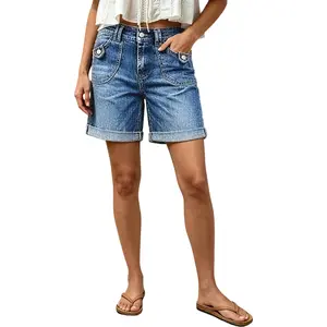 Flamingals Patch Pocket Roll Hem Mid Rise Mid Thigh Denim Shorts Stretchy 7.9'' Inseam