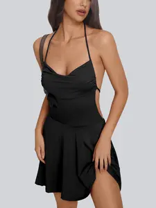 Women's Solid Spaghetti-Strap Draped Neck Ruffle Back Skater Dress Sexy Vacation & Party Wear for Beach Holidays & Summer Getaways