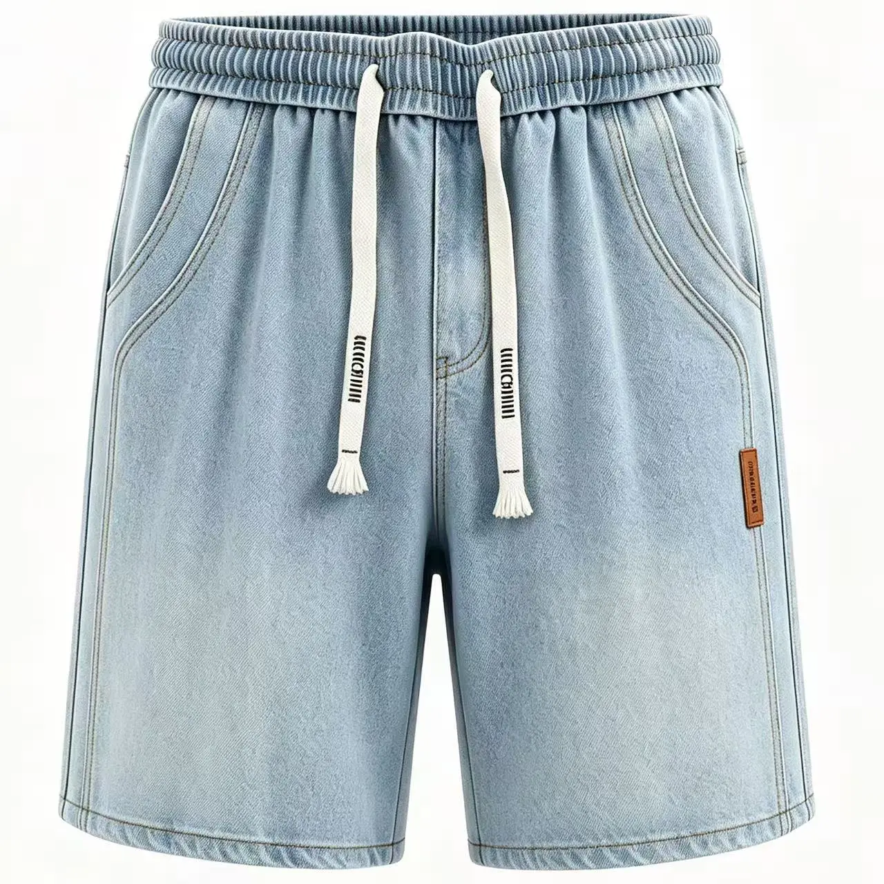 Men’s vintage washed loose straight-leg denim shorts with a drawstring waist and white print drawstring, elastic waistband, classic five-pocket design—casual street-style mid-length denim shorts.