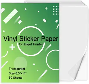 Printable Vinyl Sticker Paper for Inkjet Printer - Transparent Clear - 50 Self Adhesive Sheets -  Decal Paper - Standard Letter Size 8.5"x11" (50 sheets, transparent)