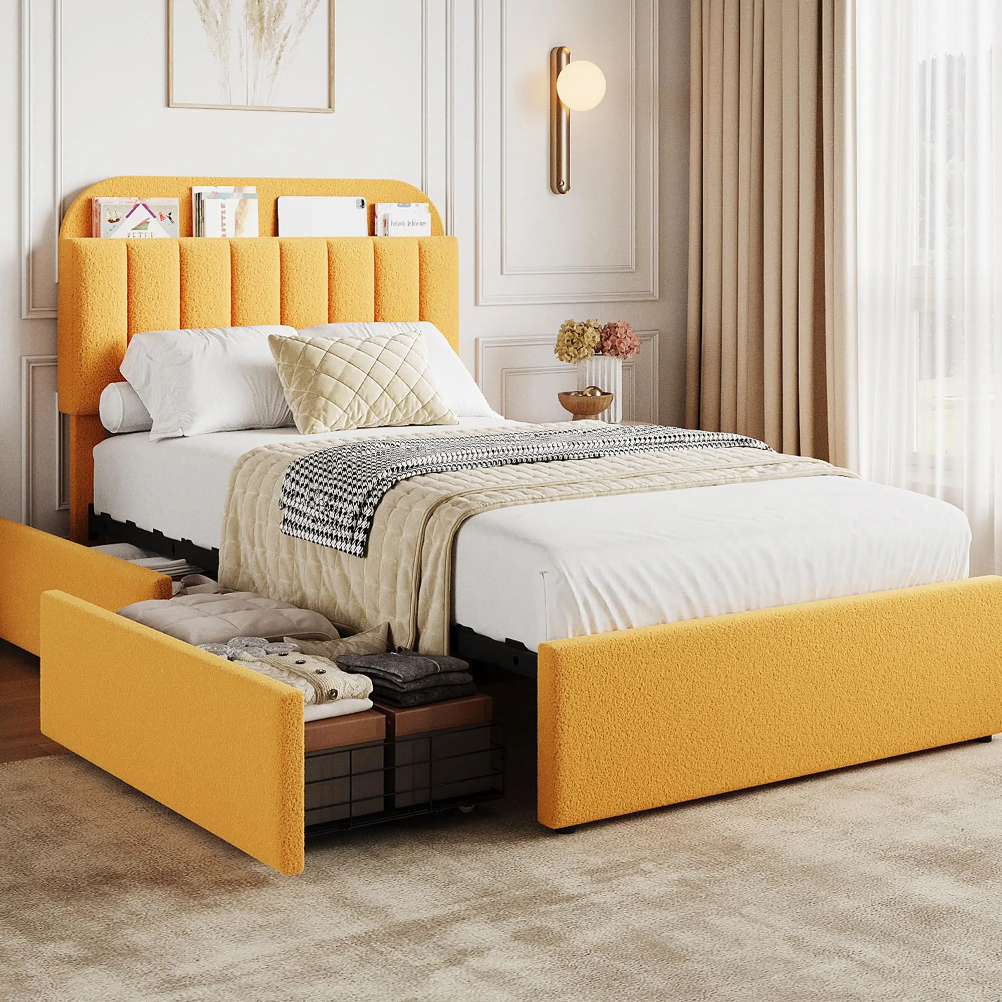 Garvee - Marco de Cama Individual con cabecera de Almacenamiento, Marco de Cama para niños con 2 cajones, Cama tapizada con Plataforma Boucle, con estantería, no Necesita somier, fácil Montaje