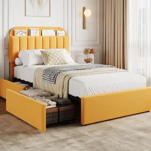 Garvee and Garvee Boucle Upholstered Platform Bed Frames with Storage Bookcase Headboards and 2 Drawers, Noise-Free, No Box Spring Needed, Easy Assembly, Available in Twin, Full, Queen Sizes, Multiple Colors