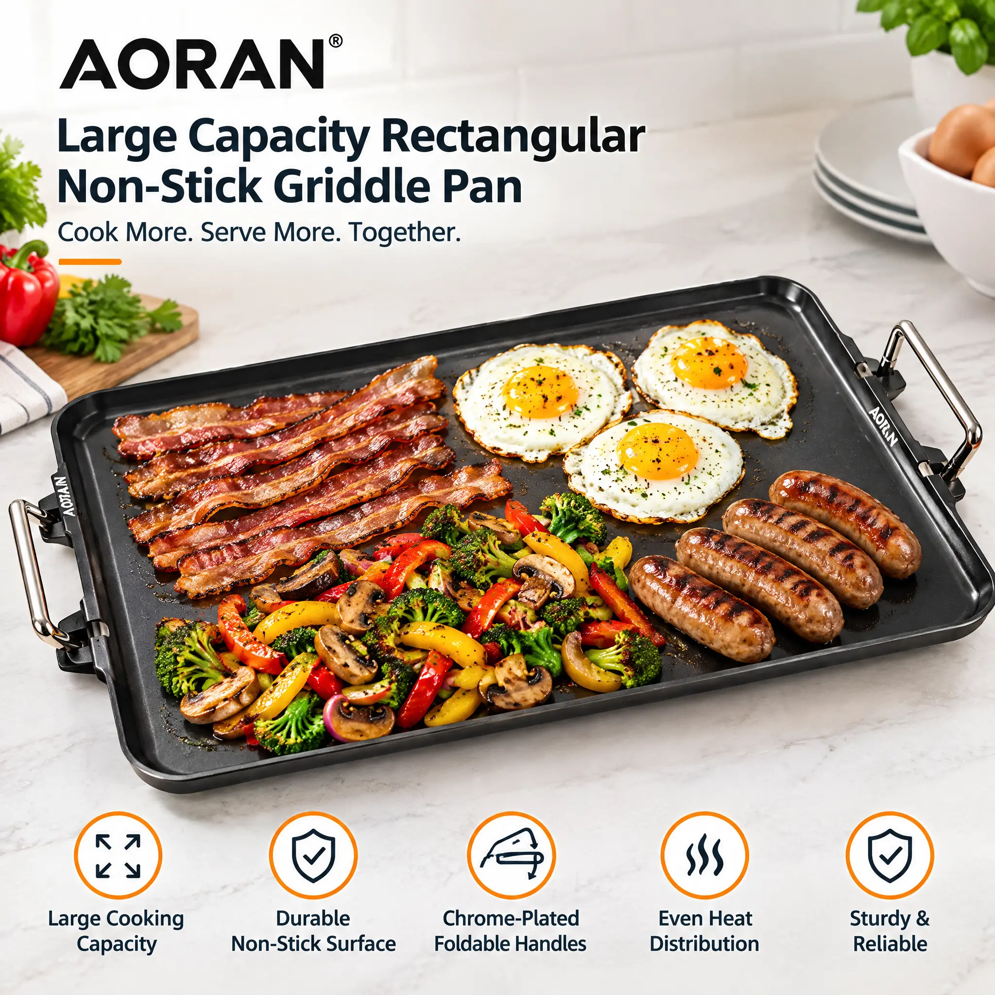 AORAN Rectangular Ceramic Non-Stick Food-Grade Baking Pan - Plated Handles, Even Heat Distribution Cookware for Tortillas, Searing Steaks, Scrambling Eggs